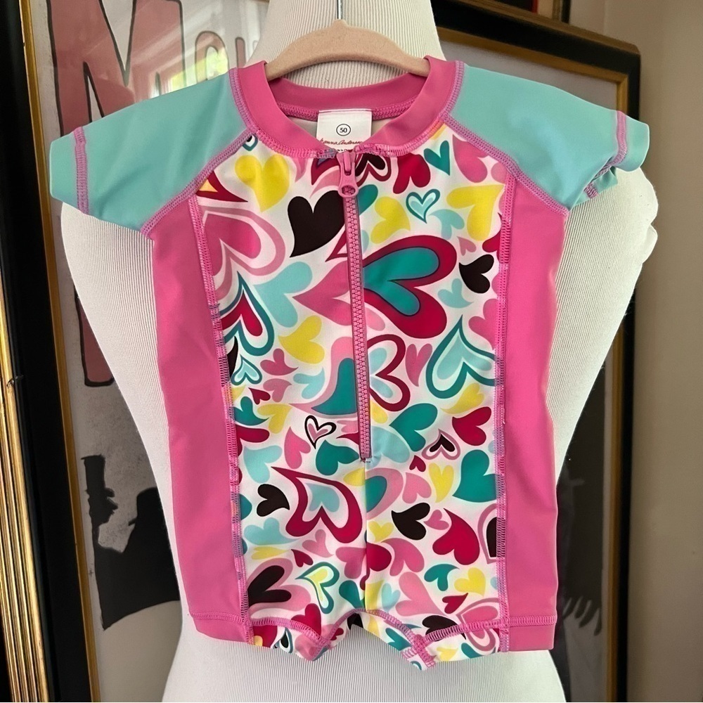 Hanna Andersson: Pink Teal, Yellow, Brown Heart Body Surf Swim Suit 0-3M